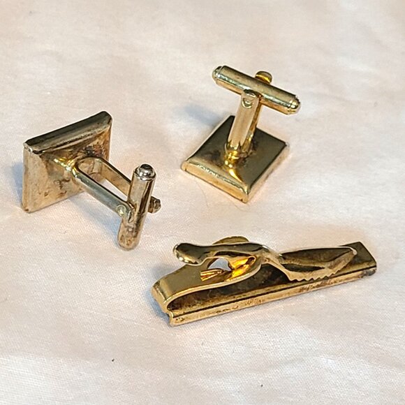Vintage Gold Tone Masonic Freemason Black Stone Cufflinks Tie Tack Clip Men - Picture 3 of 9